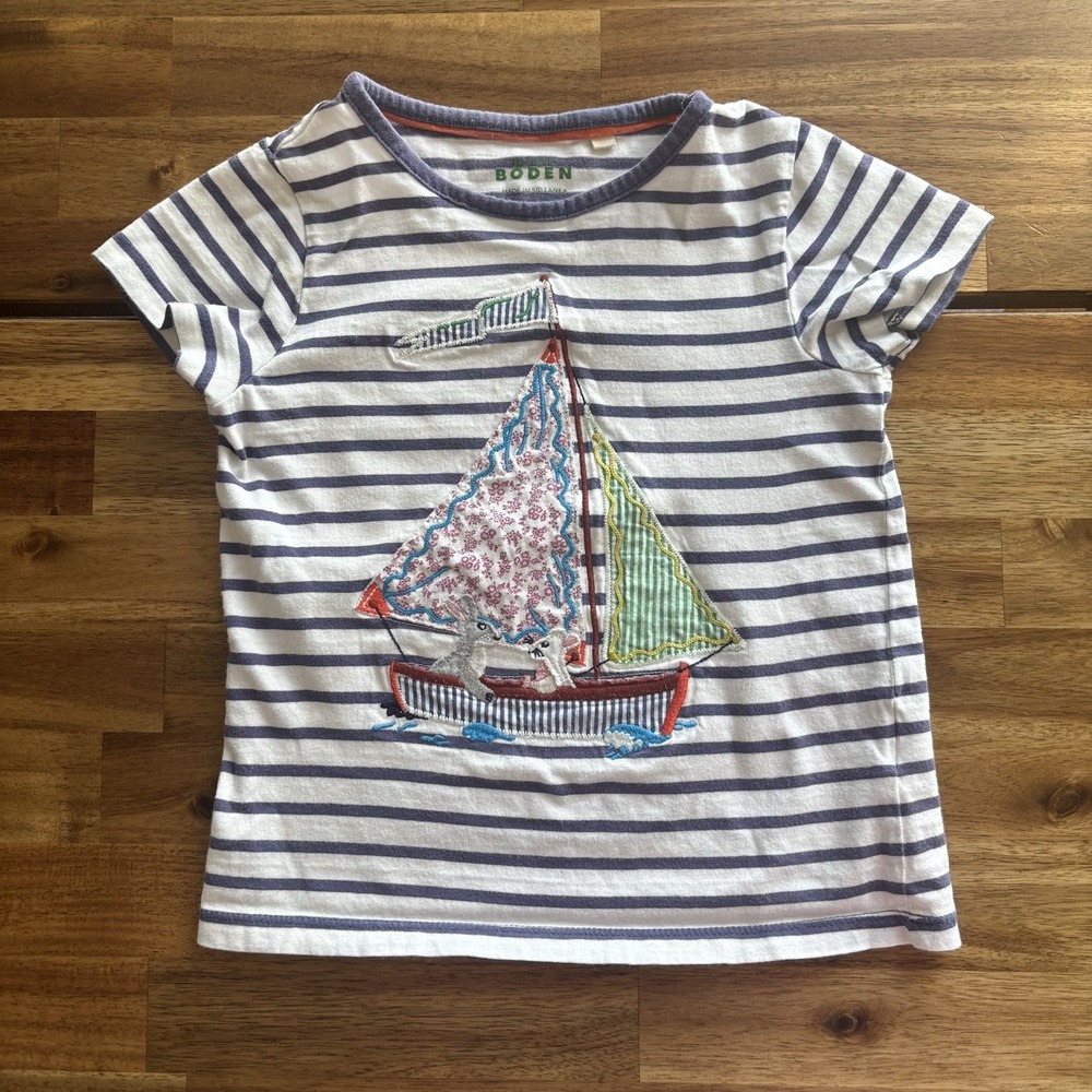 Mini Boden Appliqué Cotton Top Sailboat Bunny Mouse Shirt Girl Sz 4-5Y Preppy